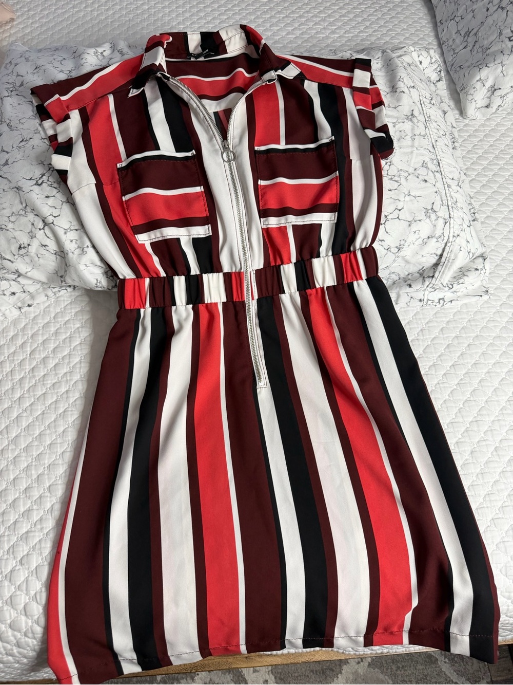 Express Girls' Red, Black & White Striped Zip-Front Dress